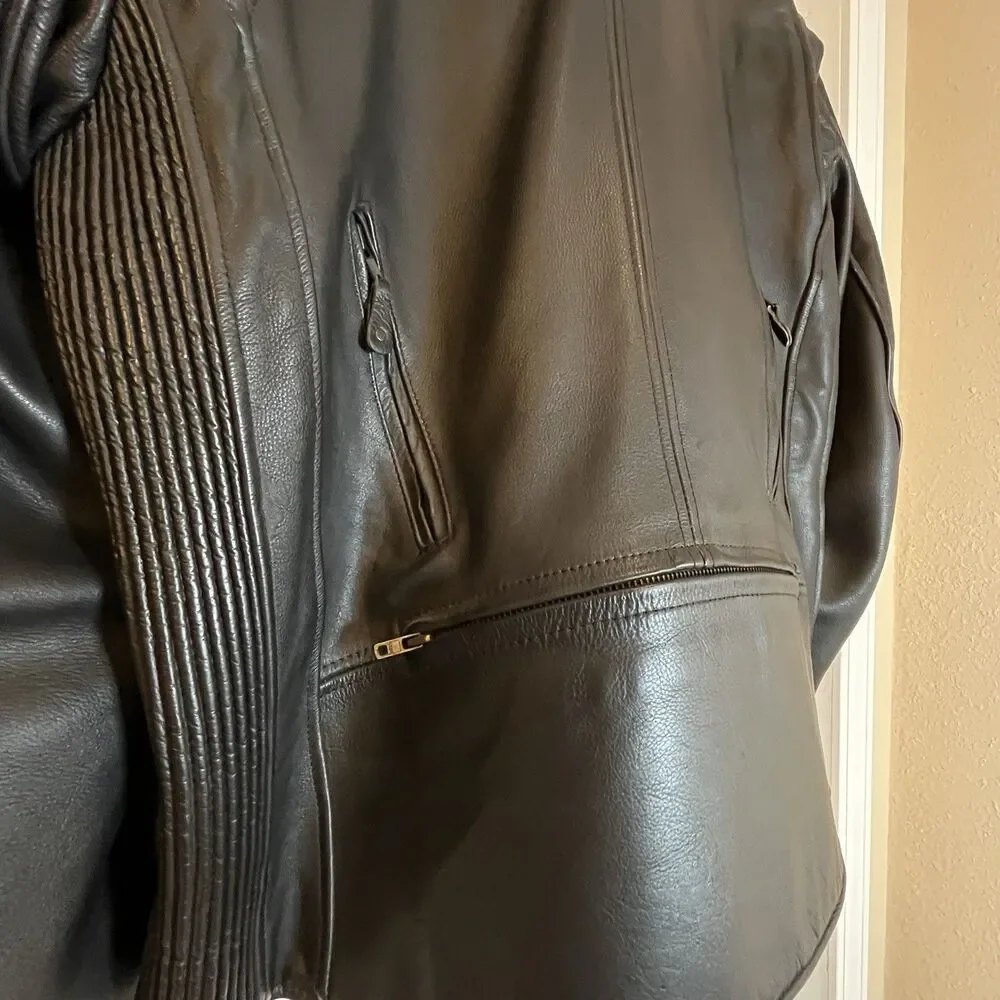 UNIK Premium Mens Heavy Black Leather Motorcycle Jacket Size 48‎ Cross Zip Liner